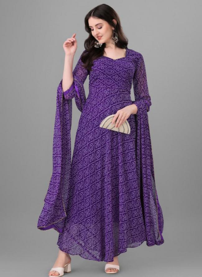 Georgette Purple Traditional Wear Bandhani Print Readymade Gown With Dupatta